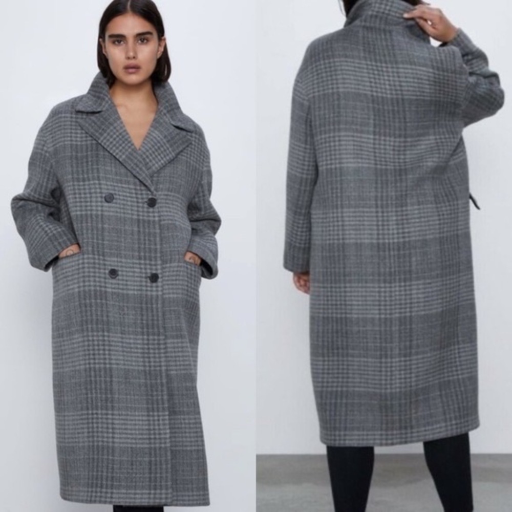 Zara Oversized Wool Gray Black Checkered Plaid Long Collar Double Breasted Coat